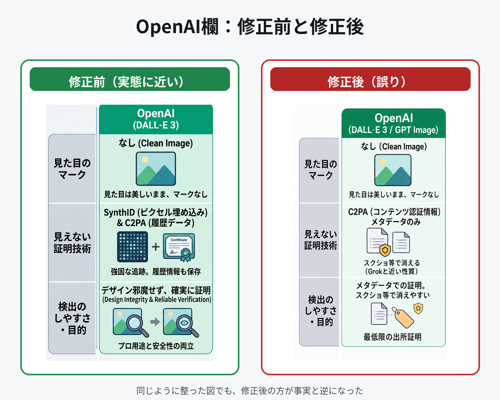 Geminiの初版とChatGPT版で、OpenAI欄の記載を見比べた図。左は修正前(SynthID&C2PA、追跡は強固)で「実態に近い」タグ、右は修正後(C2PAメタデータのみ、スクショで消える)で「誤り」タグが付いている